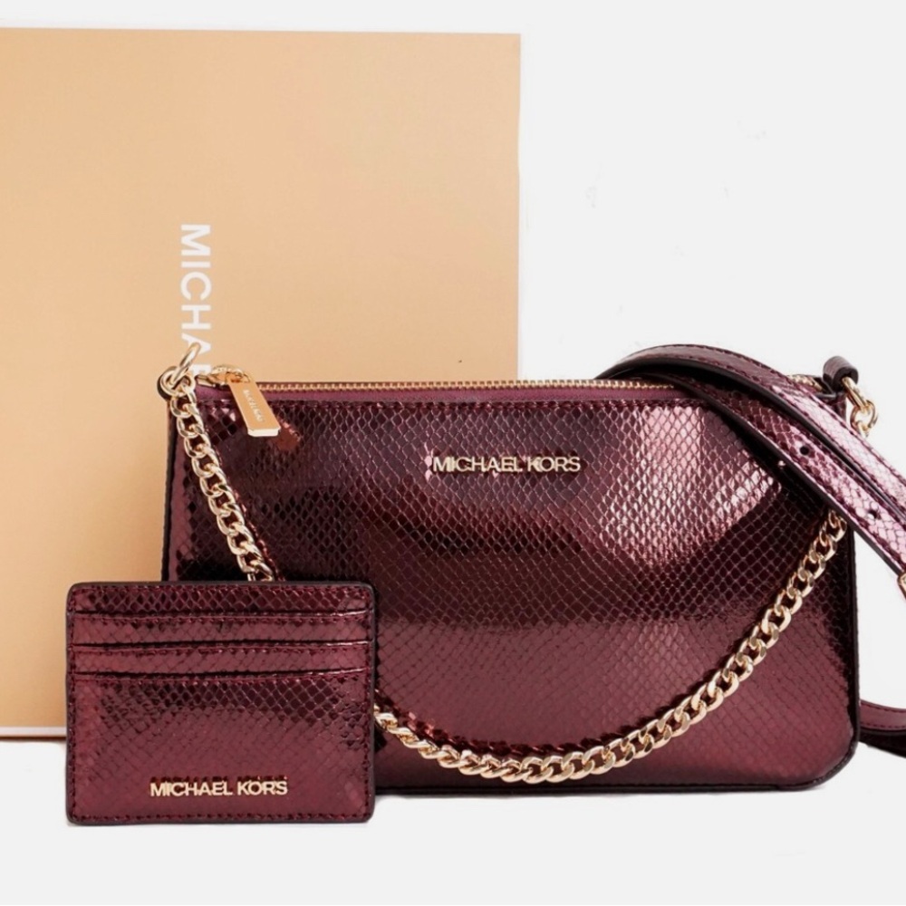 NEW| Authentic Michael Kors Metallic Burgundy Crossbody Bag &cardholder with box